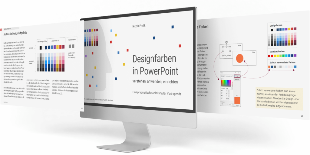 Auf einem Bildschirm ist die Titelseite des E-Books „Designfarben in PowerPoint“. Davor und dahinter schwebt jeweils noch eine Seite aus dem Inhalt.