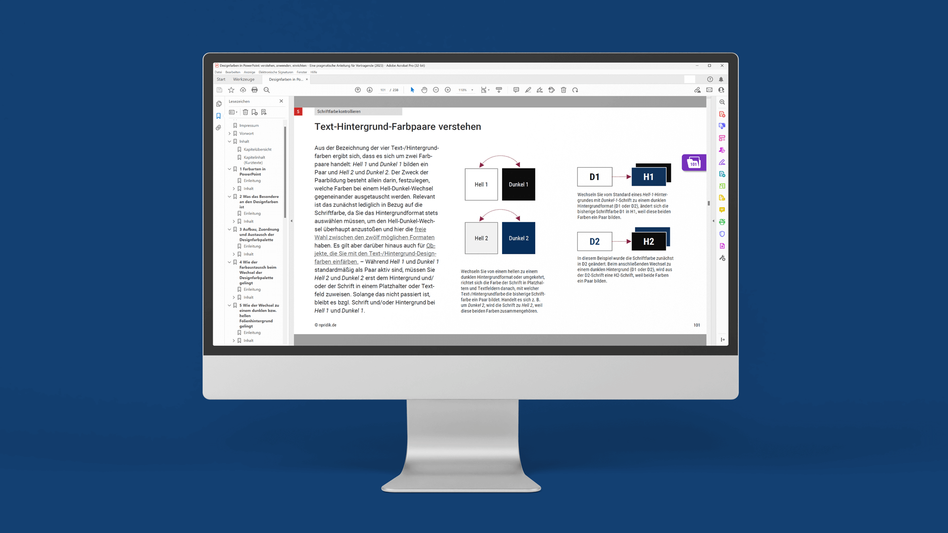 Eingeblendet ist das geöffnete PDF-Dokument im Adobe Reader, der in einer Seitenleiste die Lesezeichen darstellt