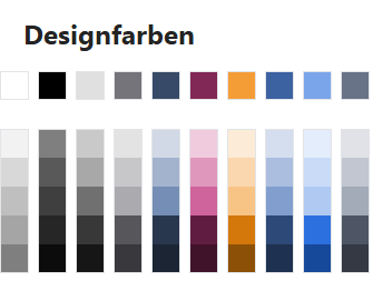 Beispiel einer Designfarbpalette in Blau, Grau, Weinrot und Orange