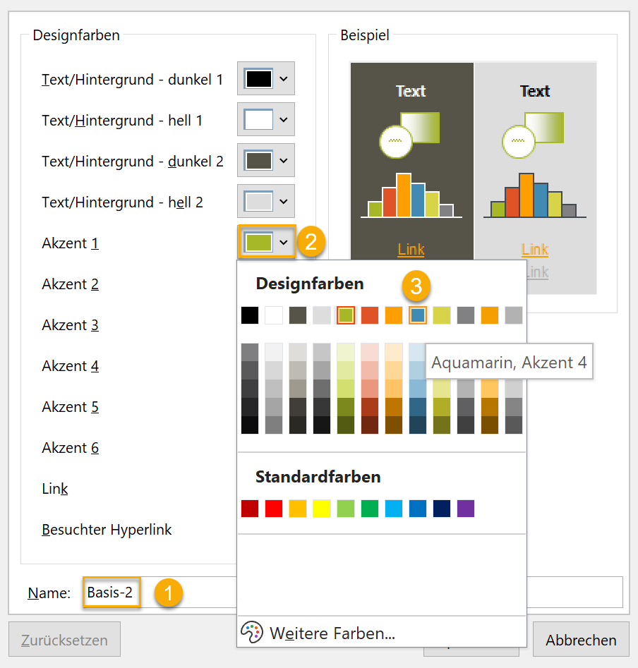 Screenshot des Dialogfeldes Designfarben bearbeiten mit ausgeklapptem Farbmenü bei Akzentfarbe 1. Markiert sind der Name Basis-2 (Nummer 1), das Farbfeld bei Akzent 1 (Nummer 2) und das blaue Farbfeld im Farbmenü auf Position Akzentfarbe 4 (Nummer 3).