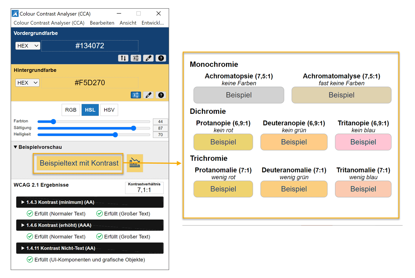 Screenshot des Colour Contrast Analysers mit Beispielfarben und Screenshot des Farbenblindheitssimulators