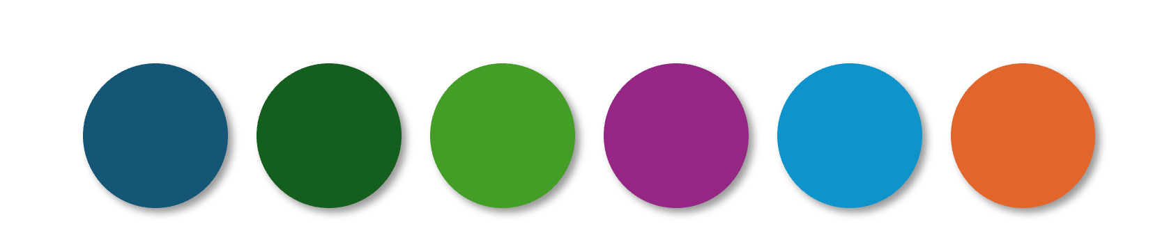 Punkte mit den sechs Akzentfarben Dunkelblau, Dunkelgrün, Grün, Violett, Blau, Orange
