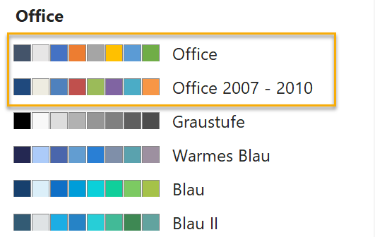 Screenshot einiger Office-Farbpaletten, markiert sind die Palette Office und die Palette Office 2007-2020.