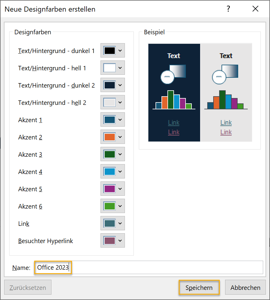 Screenshot des Dialogs Neue Designfarben erstellen in PowerPoint mit den Farben der neuen Office-Farbpalette, markiert ist der Text Office 2023 im Eingabefeld Name und der Speichern-Button.
