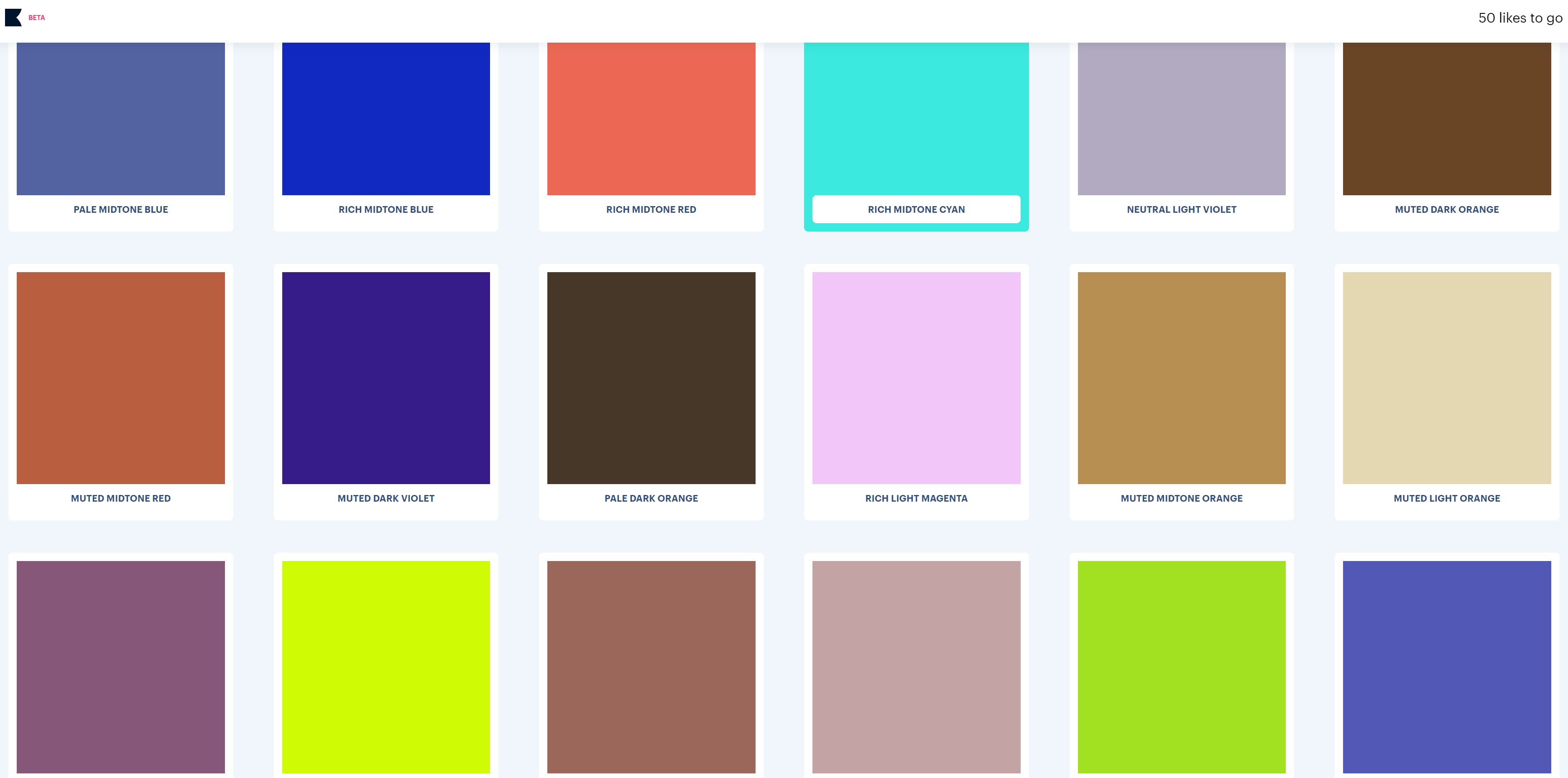 Screenshot: Ausschnitt der Khroma-Seite mit bunt zusammengewürfelten Farbfeldern zur Auswahl der 50 Farben