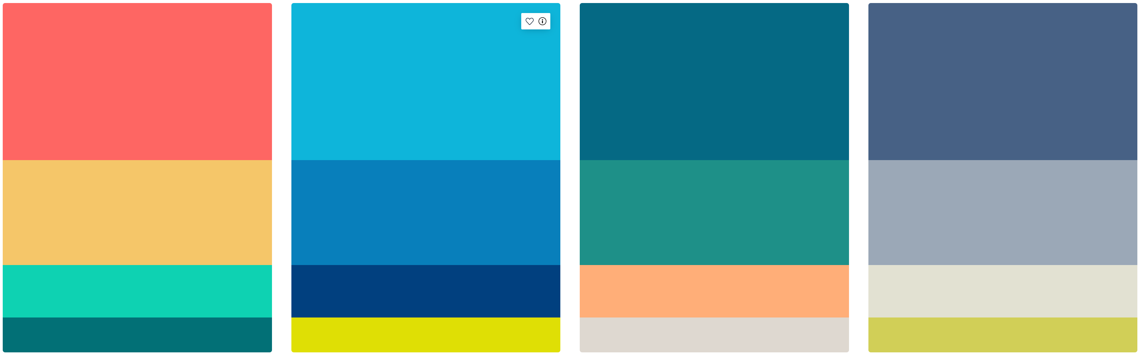 Screenshot von vier Farbpaletten mit jeweils vier Farben in unterschiedlichen Farbtönen; die Farben sind in Rechtecken untereinander angeordnet, dabei nimmt die Höhe der Rechtecke nach unten hin ab