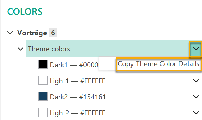 Screenshot Slidewise: Aufgeklappter Abschnitt Theme colors im Bereich "Vorträge". Die Zeile Theme colors ist farbig unterlegt und das Menü der Zeile geöffnet. Zu lesen ist hier der Text "Copy Theme Color Details". Der Text ist hervorgehoben.