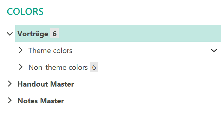 Screenshot Slidewise: Seite Colors mit folgendem Strukturbaum: Oberste Ebene: Vorträge (mit einer 6 dahinter), Handout Master und Notes Master. Beim Abschnitt Vorträge werden außerdem die beiden Abschnitte der nächsten Ebene angezeigt: Theme colors und Non-theme Colors (mit einer 6 dahinter).