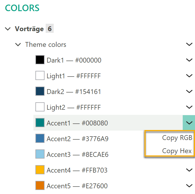 Screenshot Slidewise: Aufgeklappter Abschnitt Theme colors im Bereich "Vorträge". Die Zeile Accent1 ist farbig unterlegt und das Menü der Zeile geöffnet. Zu lesen ist hier der Text "Copy RGB" und "Copy Hex". Der Text ist hervorgehoben.