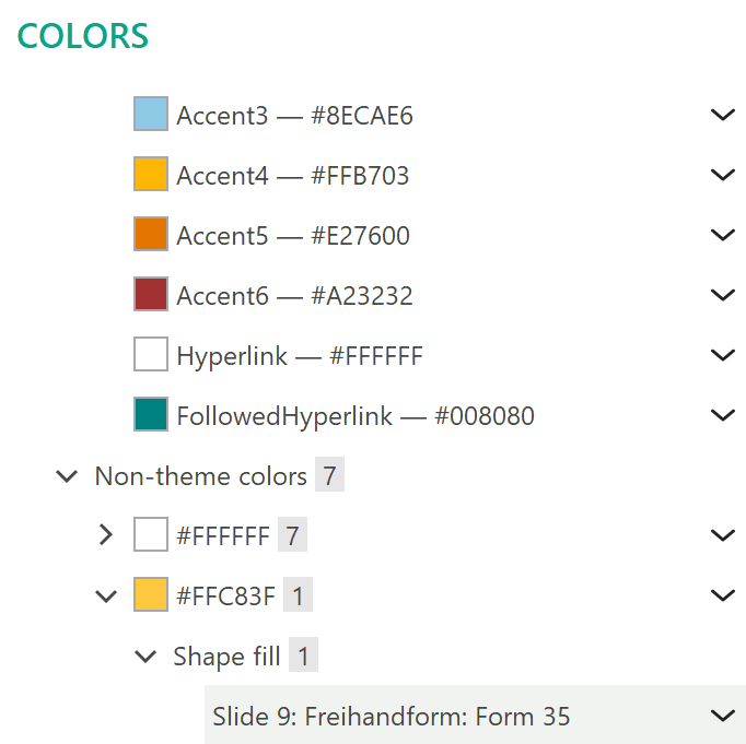 Screenshot Slidewise: aufgeklappte Abschnitte Theme colors und Non-theme colors. Akzentfarbe 4 zeigt ein dunkles Gelb. Bei den Non-theme colors gibt es ein Gelb mit einem anderen Farbwert, das aber ganz ähnlich aussieht wie das Gelb bei der Akzent 4. Das Menü bei dieser Farbe ist aufgeklappt. Auf folgenden Ebene steht Shape fill und darunter Slide 9: Freihandform: Form 35. 