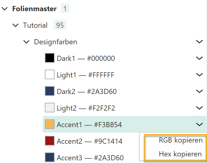 Screenshot Slidewise: Aufgeklappter Abschnitt "Designfarben" im Bereich "Tutorial". Die Zeile Accent1 ist farbig unterlegt und das Menü der Zeile geöffnet. Zu lesen ist hier der Text "RGB kopieren" und "Hex kopieren". Der Text ist hervorgehoben.
